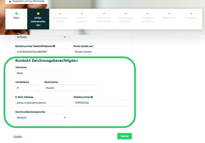 Kontakt Zeichnungsberechtigter form with highlighted input section